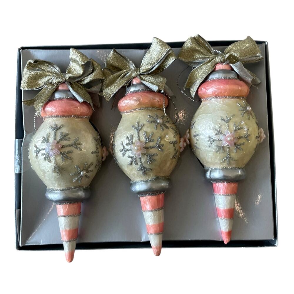 RETIRED Mackenzie-Childs Home Sweet Snow Capiz Ornament Set of 3 NEW